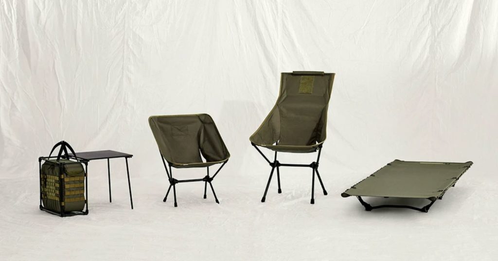 Helinox's Tactical Outdoor furniture line-up; Field Office, Chair One, Sunset Chair, and cot.