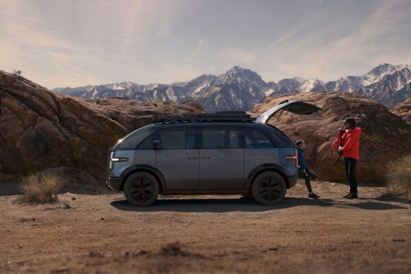 Canoo Lifestyle Vehicle in a desert setting.