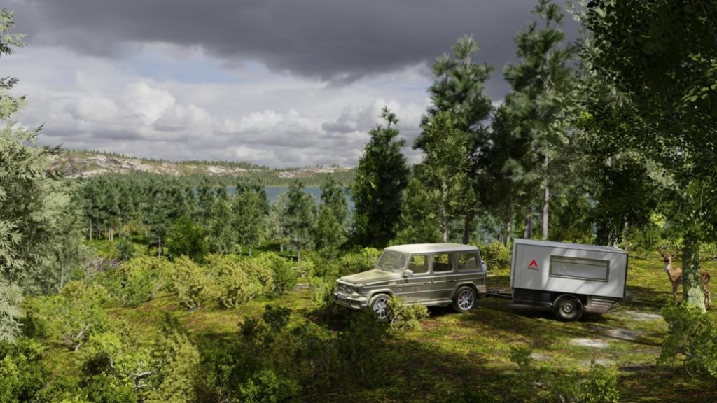 Rendering of FlexCamp trailer in the forest.