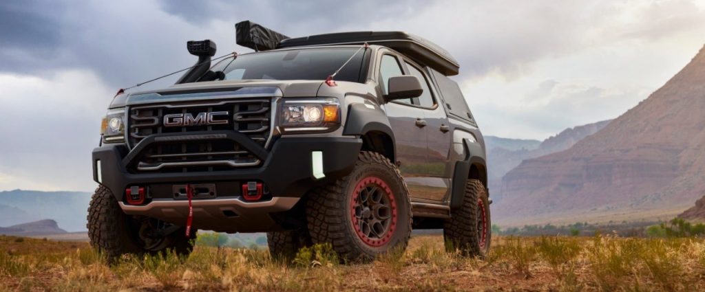 Photo of the GMC Canyon AT4 Concept from 2021 in the backcountry.
